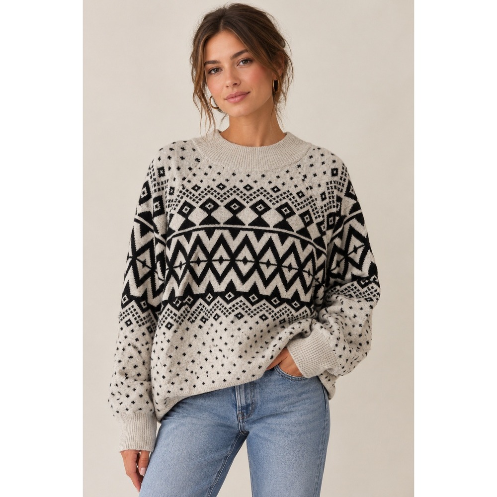 NWT Old Navy Plus Size 2X SoSoft Black White Nordic Fair Isle Mock Neck Sweater